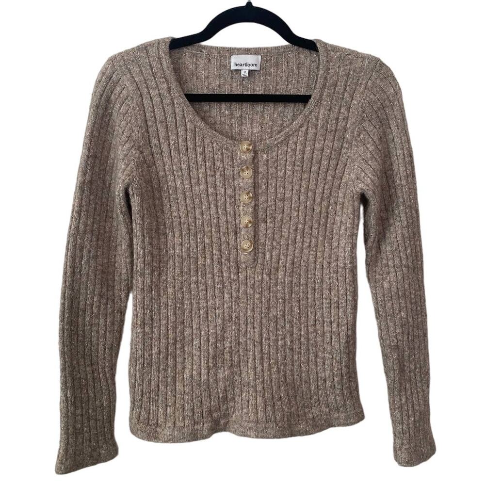 Heartloom Lilah Brown Knit Ribbed Long Sleeve Button Scoop Neck Warm Sweater-M